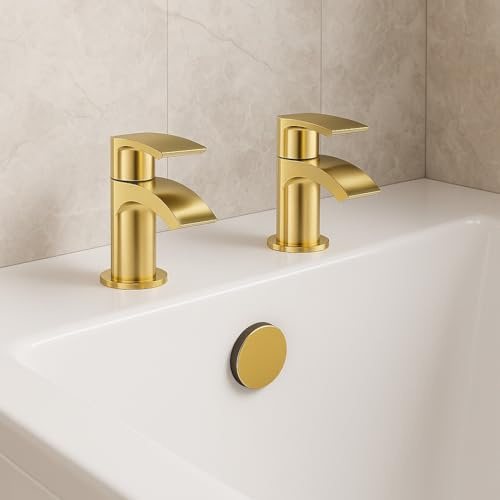 Belantia Brushed Brass Bath Taps | Pair of Taps | Brushed Brass Finish | Hot and Cold | Bath | Bathtub | Lever Handle Design | Deck Mounted |