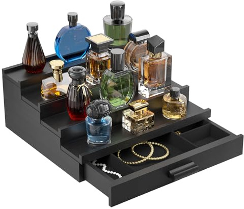 TIRYIUOU Parfüm-Köln-Organizer für Herren: 4-stöckiger Parfümständer aus Holz, Schreibtisch-Parfum-Halter, Holzregal mit Schrank, Schlafzimmer-Kommode, Make-up-Lotion, Schmuck-Aufbewahrungsregal mit