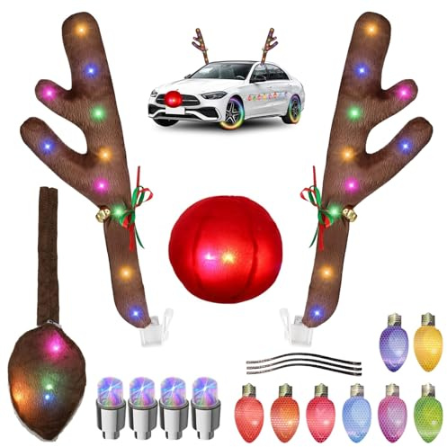Rentier Auto,Weihnachten Auto Rentier Geweih,Auto-Geweih-Dekorationsset,Rentiergeweihe Auto Weihnachtsdeko,Weihnachten Rentier Fahrzeug,Weihnachtsfahrzeug Dekoration,für Auto,Truck,Van und SUV