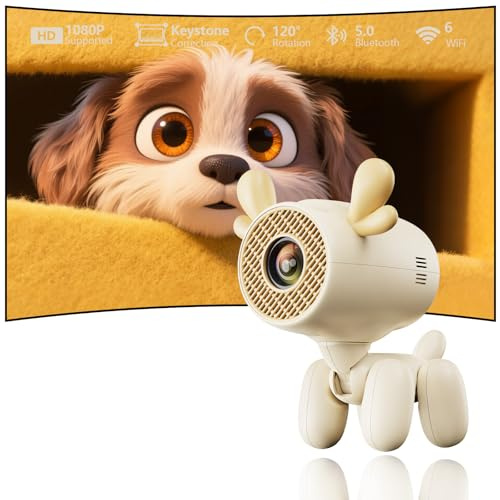 Mini Beamer Unterstützt 4K, Tragbarer Projektor mit Apps, WiFi 6 & BT 5.0, 5W Lautsprecher, Automatische Trapezkorrektur, 120° Drehbar, Smart Beamer Heimkino Kompatibel mit HDMI/Android/iOS/PC/USB