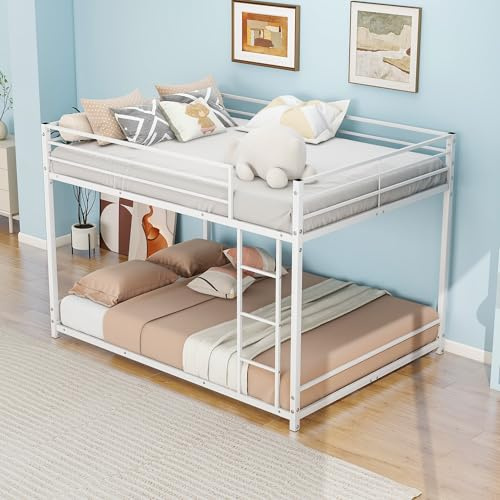 FOUBAM 4FT6 Double Bunk Beds, Full Over Full Bunk Bed, Loft Bed, White | Metal Heavy Duty Double Size Bunk Beds, Double Bed Frmae for Adults,Loft Bed With Ladder and Guardrail
