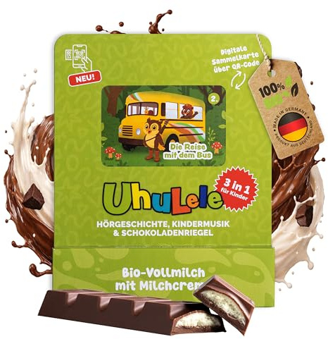 UhuLele - Hörschokolade Folge #2 „UhuLele und die Reise mit dem Bus“, Bio Vollmilchschokolade (40g) mit Hörspiel & Musik (ca. 14 Min), für Kinder ab 3 Jahren als Überraschung, Schultüte, Geschenk
