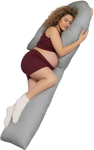 Traumreiter Schwangerschaftskissen J-XL mit Memory Foam und Bezug Grau, Visco und Watte Hybrid Seitenschläferkissen zum Schlafen, J-Form Stillkissen Schwangerschaft (Visco J XL)