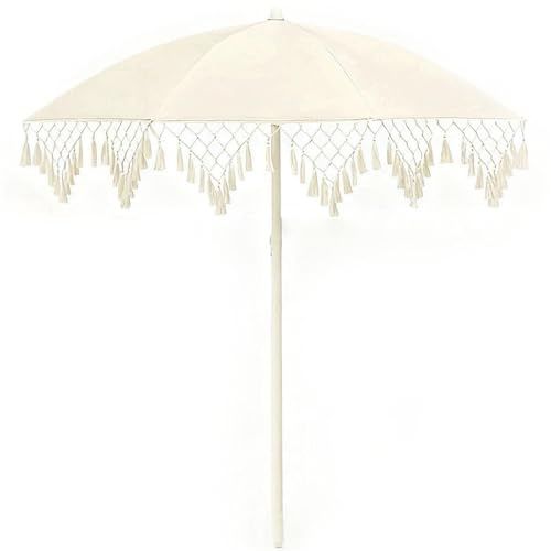 XOBRJQZ Blanc Parasol de Plage Bohème de 200 cm avec Franges Creuses, Parasol de Jardin Extérieur Imperméable, pour Balcon, Jardin, Pelouse