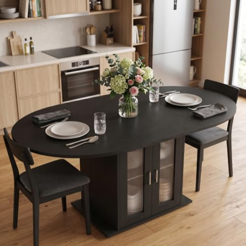 HIYYIH Ausziehbarer Esstisch Oval, 100/140 x 100 x 77 cm | Küchentisch für 4-6 Personen, mit Beinhaltet Stauraum und Kühlraum, Moderner Esszimmertisch Ausziehbar, Schwarz