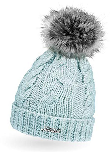 Neverless® gefütterte Damen Strickmütze mit Fell-Bommel und Fleece Futter, Winter-Mütze, Bommelmütze hellblau Unisize