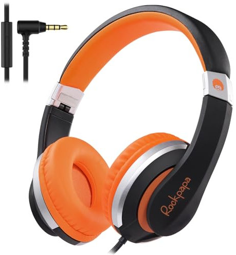 Rockpapa I20 Wired Folding Headphones On Ear without Microphone for Kids Childrens Adult, CD/DVD MP3/MP4 in Car/Airplane Laptop Tablet Mobile TV Black Orange