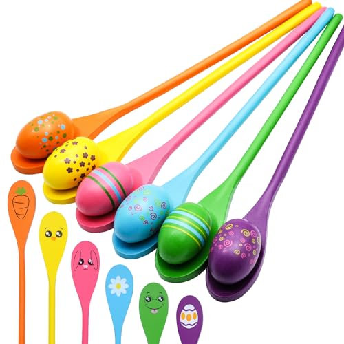JOYIN eierlauf Eier- und Löffel-Rennspiel dosenwerfen 12 Ostereier und Plastiklöffel Spiele Kindergeburtstag osterspiele Outdoor Spiele für Kinder Ostern Geschenke