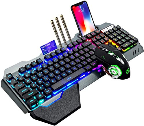 Kabellose Gaming-Tastatur mit mechanischem Gefühl, RGB Hintergrundbeleuchtung, wiederaufladbarer 5000-mAh-Akku mit Abnehmbarer Handauflage +7-Farben-LED-Gaming-Maus für PC-Schreiber/Spieler(Schwarz)