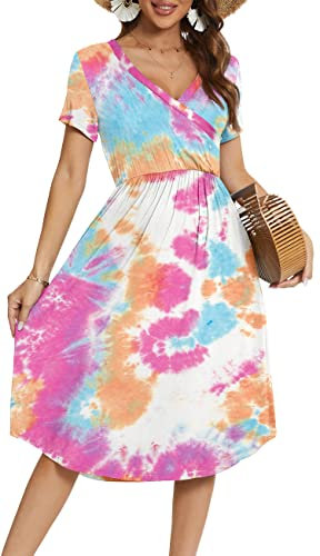 YUNDAI Women Summer Midi Dress Short Sleeve Ladies Dress V-Neck Floral Plain Beach Party Dresses with Pocket