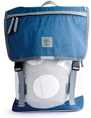 360 Grad Grad Rucksack Landgang groß aus Segeltuch, Segel weiss-blau, Zahl hellgrau Gurt grau, 31 x 48 14 cm