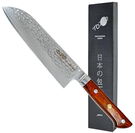 Couteau professionnel en acier Damas, couteau de cuisine professionnel japonais de viande, poisson, légumes, lame de 19 cm, Santoku martelé, manche en bois de rose - Nobunaga | TOTIKO Japan Knives