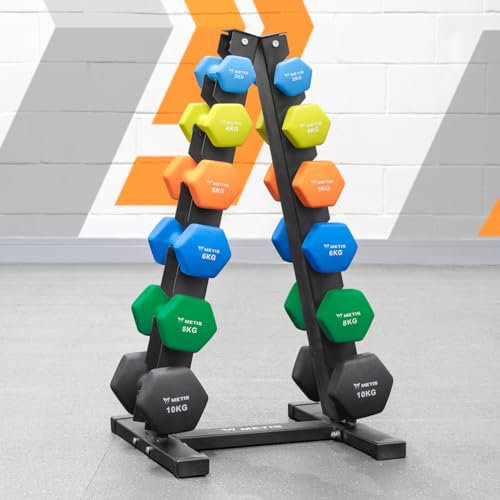 METIS Hantelbaum [3 Größen] – Hantelständer mit 3, 6 oder 11 Stufe | Nur Rack oder mit optionalen Kurzhanteln aus Neopren oder Chrom (6 Stufe, Rack + Neopren Kurzhanteln Set (6X Paare))…