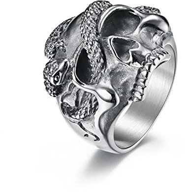 Mesnt Verlobungsring Mann, Zeigefinger Ring Damen, Totenkopf-Band-Ring Im Gotischen Stil Ring aus Edelstahl Silber Größe 60 (19.1)
