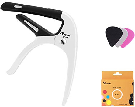 Rosen Quick-Change Guitar Capo for 6-String Acoustic and Electric Guitars Bass, Ukulele, Banjo, Mandolin Capo with 3 Picks Capotastos, White