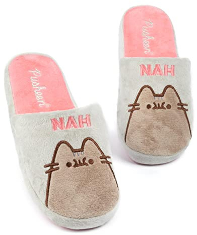 Pusheen Womens Slippers | Adults Teens Grey NAH or Brown Fur Plush Cat Character Design Options | Anime Cartoon Animal Slip On Mules House Shoes