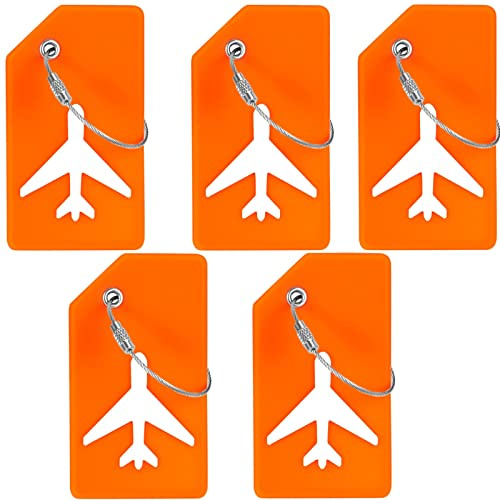 Lot de 5 étiquettes d'identification de bagages en silicone avec boucle en acier et cartes d'identification pour bagages et sacs à dos