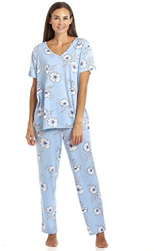 Camille Womens Stunning Floral Print Short Sleeved Pyjama Set - Ladies Lightweight Full Length Pyjama - Comfortable & Breathable Summer Nightwear