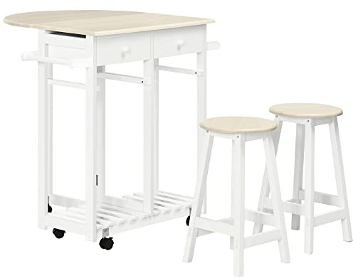 HOMCOM Carrito de Cocina de Madera 3 Piezas con 2 Taburetes Juego de Mesa de Bar con Ruedas ala Abatible 2 Cajones Barras para Colgar y Estante de Almacenaje 87x74x86 cm Blanco