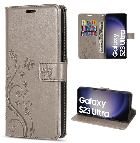 Hülle Kompatibel mit Samsung Galaxy S23 Ultra | Premium PU Leder Handyhülle Wallet Case für Galaxy S23 Ultra | Schutzhülle Blumen Klapphülle Handyhülle | Grau