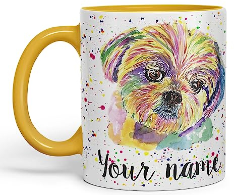 Vixar Personalised with Your Text Shih Tzu Dog Pet Animal Watercolour Art Coloured Ceramic Mug Cup Gift 330ml 11oz Custom Work Office Tea Coffee (O1) (G Yellow)