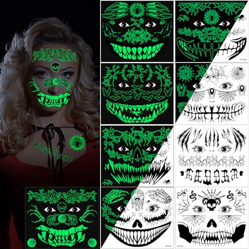 9 hojas Halloween Tatuajes Luminoso de Cara, Halloween Mascarada Día de los Muertos esqueleto Zombie Craneo Cara Complete Tatuaje de maquillaje para Mujeres Hombres Adultos Halloween Prop Cosplay