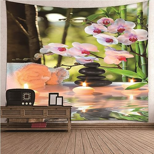 Aotiwe Tapestry Wall, Wandbehänge Deko Stoff Zen Thema Kerze Stein und Bambus Bunt Tuch Wand aus Polyester Wanddeko Wohnzimmer 350x256cm