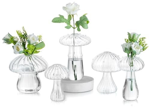Glasseam Pilz Vase Glas Klar, 5er Set Blumen Vasen Deko, Mini Vasen für Tischdeko, Pilzförmige Vase Klein Glasvasen für Couchtisch, Schöne Blumenvasen Propagation Station für Home Wohnzimmer