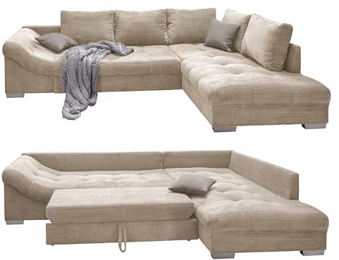 Wunderschönes Cord Ecksofa mit Schlaffunktion, Wellenunterfederung, gemütliches L-Sofa 298 x 202 cm, Longchair Ottomane rechts, Couch mit Cordstoff in Beige, 2 Zierkissen in Grau / 17203