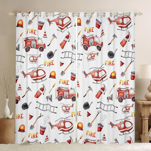 Cartoon Feuerwehrauto Fenster Vorhang, Kinder Nette rote Feuerwehrauto Flugzeug Fenster Vorhänge für Jungen, Feuerwehrmann Feuerwehrmann Aquarell Fenster Behandlung Vorhänge für Wohnzimmer, S Größe