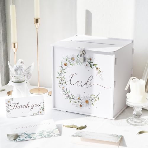 AerWo White Wedding Card Box with Lock, PVC Money Envelope Card Box for Wedding Reception, Daisy Pattern Gift Card Box Holder for Graduation Party Birthday Baby Shower Decorations