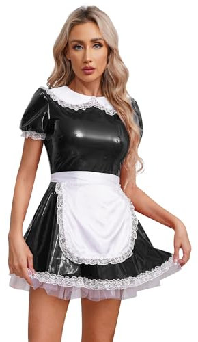 MSemis 3Pcs Damen Kostüm Dienstmädchen Lack Leder Kleid Lolita Cosplay Uniform Dessous Set Minikleid, Satin Schürze, Halsband Clubwear Gr. S-XL Schwarz M 3XL