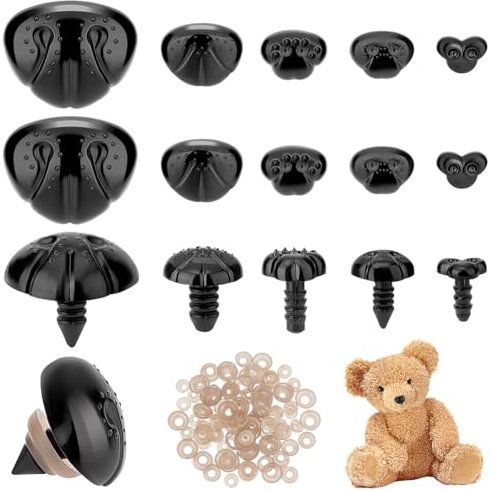 AHANDMAKER 100 Stück Kunststoff-Sicherheitsnasen, 5 Stile Schwarze Kunststoffnasen Bastelnase Mit Unterlegscheiben, Hunde-Sicherheitsnasen Für DIY-Welpen-Puppen-Häkel-Stofftier-Plüschtier-Herstellung