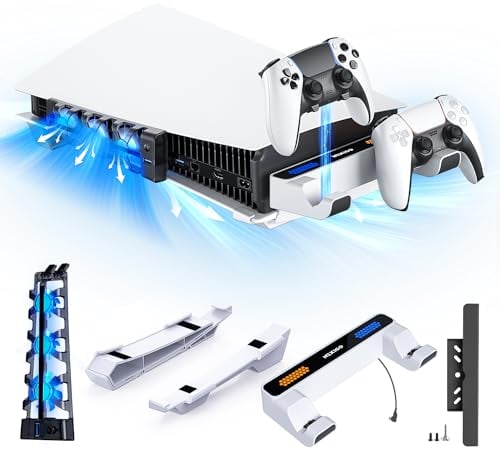 NexiGo Horizontal Stand for PS5 With Charging Station and Edge Controllers, Silent Cooling Fan With Adjustable Speed, Auto Power On/Off, Compatible With Disc & Digital Editions, White