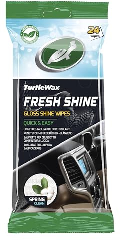 Turtle Wax Pack de 24 lingettes nettoyantes pour tableau de bord à finition brillante sans plastique. Rapide et facile. Douces pour tous les tableaux de bord et non grasses.