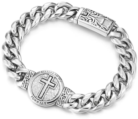 COOLSTEELANDBEYOND Herren Armband Edelstahl Panzerkette, Rund Gliederkette Design mit Detail Kreuz und Eingraviert Gebet Verschluss
