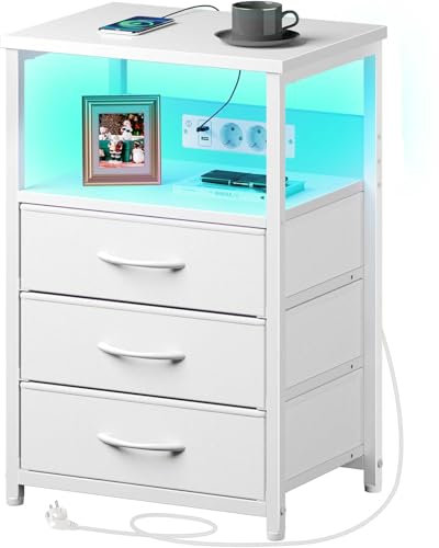 Rolanstar Mesitas de Noche con Función de Carga y LED, Mesas de Cabeceira con 3 Cajones de Tela, Puertos USB y Enchufes, Mesitas de Noche 30 cm Ancho para Sala de Estar y Dormitorio (1, Blanco)