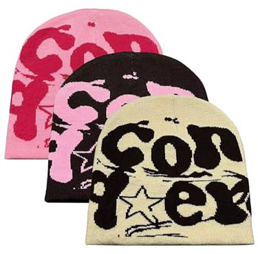 iSpchen 3 Stück Weiche Strickmütze Unisex Wintermütze Winter Y2K Beanie mit Buchstabendruck Skimütze,rosa+Kaffee+beige