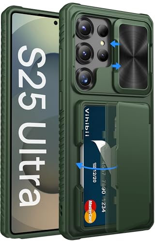 Vihibii pour Samsung Galaxy S25 Ultra Coque avec Range Carte & RFID Blocage & Protection Appareil Photo, TPU Militaire Antichoc Rigide Étui Bumper Portefeuille pour Samsung S25 Ultra 6,9 5G, Vert