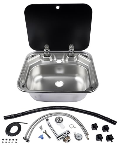 NSGMXT Petit évier de camping-car avec robinet pliable et couvercle, évier à cuve unique compatible avec camping-car, caravane, cuisine, 41,9 x 36,3 x 16 cm