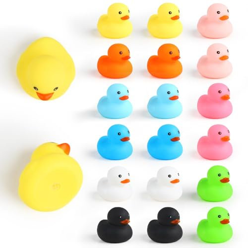 DERAYEE Lot de 18 canards de salle de bain en caoutchouc, 9 couleurs assorties, 2 pièces par couleur, flottant et squittio canard, idéal jouet pour baignoire