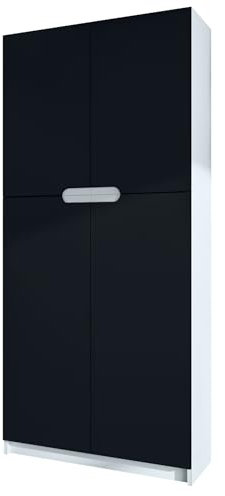 Vladon Meuble Rangement Bureau Logan V1, Armoire de Bureau Haute avec 5 Compartiments et 4 Portes, Blanc Mat/Noir Mat (82 x 185 x 37 cm)