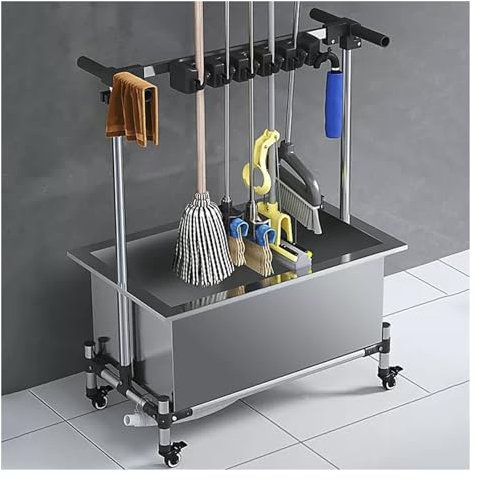 XUCAJING Movable Broom Mop, Housekeeping Caddy, Floor-Mounted Mop Rack, Cleaning Tool Cart Storage for Garden Garage, with Armrests Drain Button(37X91.5X98Cm(8Slots))/Sier/37 * 71.5 * 98Cm(10Slots)