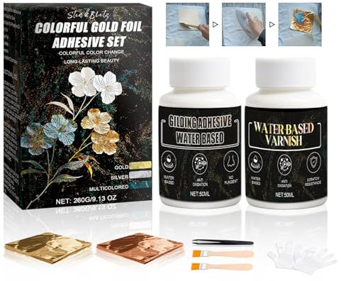 Decolorazione Adesivo per Foglia d'oro, Pittura con lamina d'oro brunita Set per Foglia con 50 ml di Colla per lamiere a Base d'Acqua e 50 ml di Vernice, Oro/Rame Grande 10 Pezzi Goldfolie