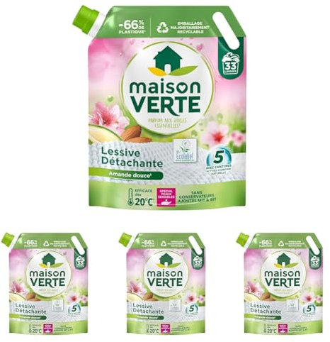 Maison Verte - Recharge Lessive Liquide - Parfum aux Huiles Essentielles - Lessive Détachante - Amande Douce - Peaux Sensibles - Efficace dès 20°C - 5 Enzymes Actives d'Origine Naturelle - 33 Lavages