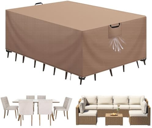 Aujink Abdeckung Gartenmöbel Winterfest, Wasserdichte Schutzhülle Gartenmöbel 420D Oxford Anti-UV Abdeckplane für Gartentische Terrassenmöbel Regenschutz und Staubfest Abdeckhaube Khaki 200x160x70cm