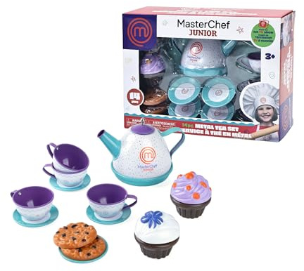 Masterchef Junior Metal Dots - Set de Café de 14 Piezas con Tacitas, Platitos, Cafetera de Metal y Repostería de Juguete, Diversión y Juego de rol para Ser el Mejor Anfitrión, Famosa (MTE06000)