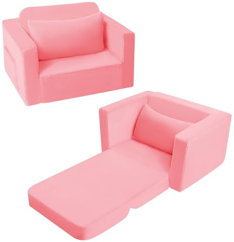 MeMoreCool Kindersofa Kindersessel Ausklappbar, Bequemes Bettsofa für Kleinkinder, 2-in-1 Schlafsofa für Kuschelecke Kinderzimmer, Mini Baby Sofa mit Schlaffunktion für Jungen und Mädchen, Pink