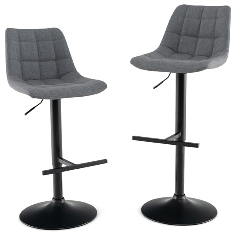 RELAX4LIFE Lot de 2 Tabourets de Bar en Tissu Gris Réglables | Chaise de Bar Pivotante à 360° avec Siège Rembourré, Repose-pieds, Hauteur 63-83 CM pour Pub, Café, Cuisine