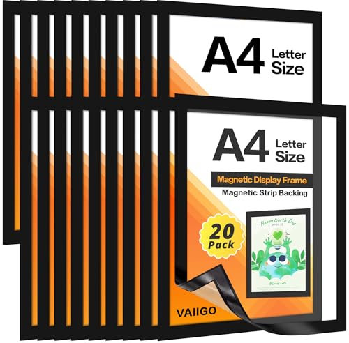 VAIIGO Lot de 20 supports magnétiques A4 pour réfrigérateur, tableaux blancs et surfaces métalliques, cadre photo, porte-papier de documents, noir